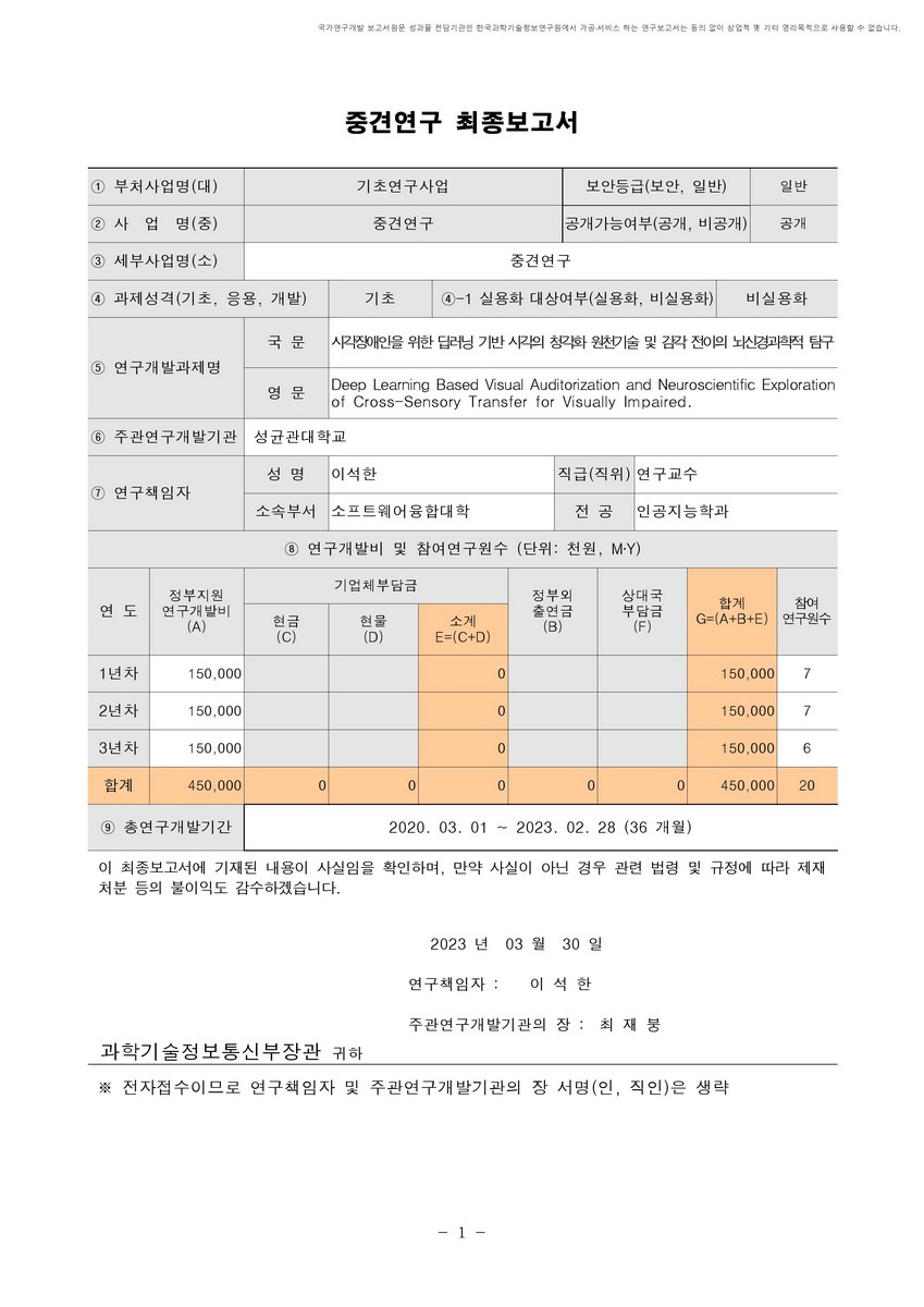 시각장애인을 위한 딥러닝 기반 시각의 청각화 원천기술 및 감각 전이의 뇌신경과학적 탐구 [전자자료]