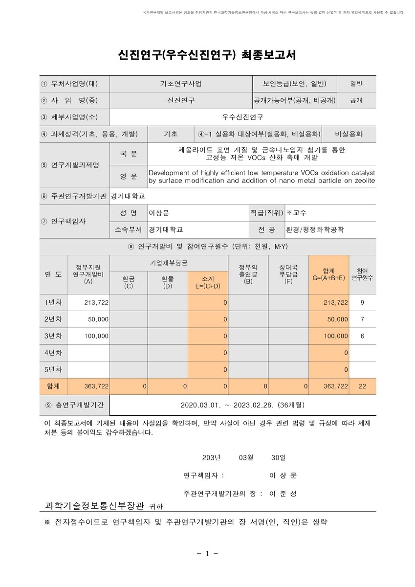 제올라이트 표면 개질 및 금속나노입자 첨가를 통한 고성능 저온 VOCs 산화 촉매 개발 [전자자료]