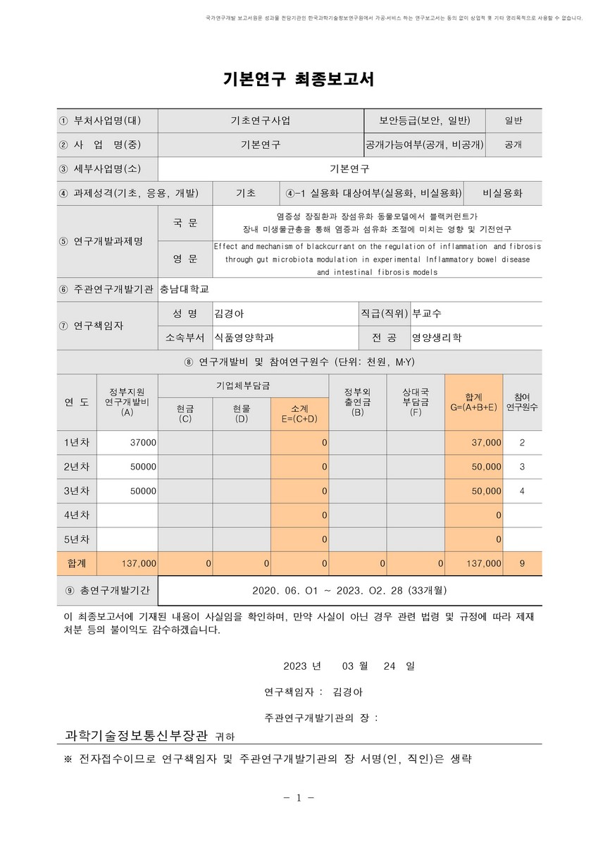 염증성 장질환과 장섬유화 동물모델에서 블랙커런트가 장내 미생물균총을 통해 염증과 섬유화 조절에 미치는 영향 및 기전연구 [전자자료]
