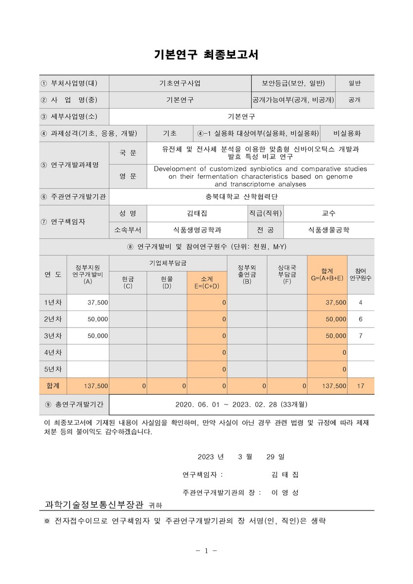 유전체 및 전사체 분석을 이용한 맞춤형 신바이오틱스 개발과 발효 특성 비교 연구 [전자자료]