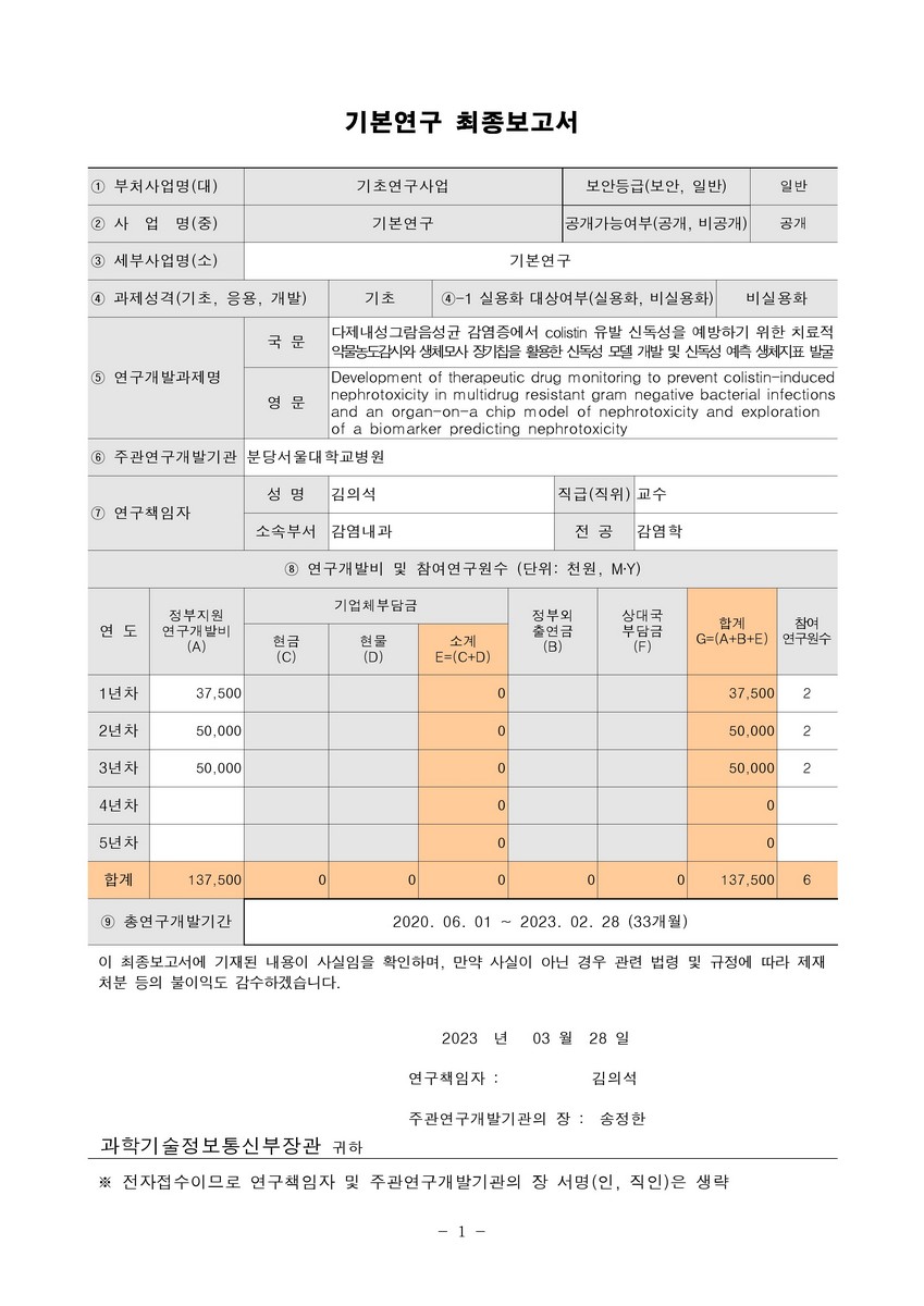 다제내성그람음성균 감염증에서 colistin 유발 신독성을 예방하기 위한 치료적 약물농도감시와 생체모사 장기칩을 활용한 신독성 모델 개발 및 신독성 예측 생체지표 발굴 [전자자료]