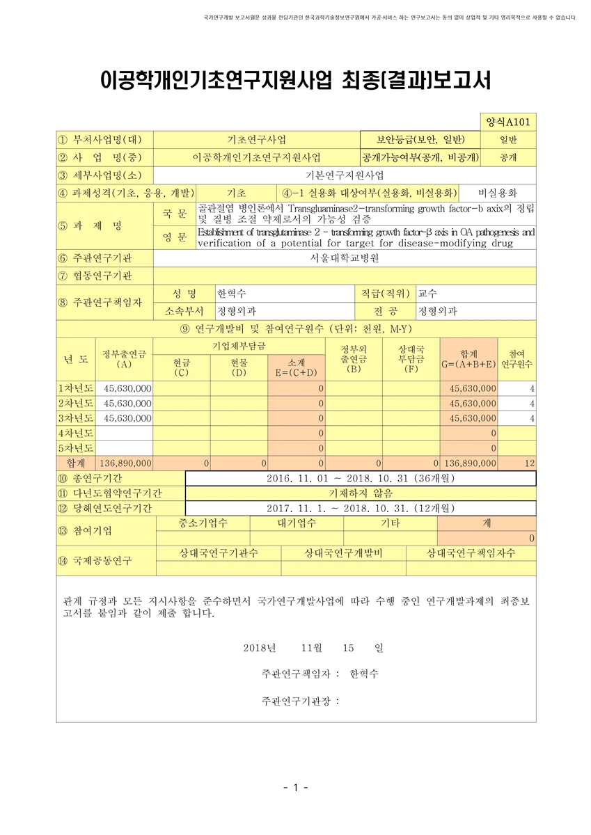 골관절염 병인론에서 Transglutaminase2-transforming growth factor-b axis의 정립 및 질병 조절 약제로서의 가능성 검증 [전자자료]
