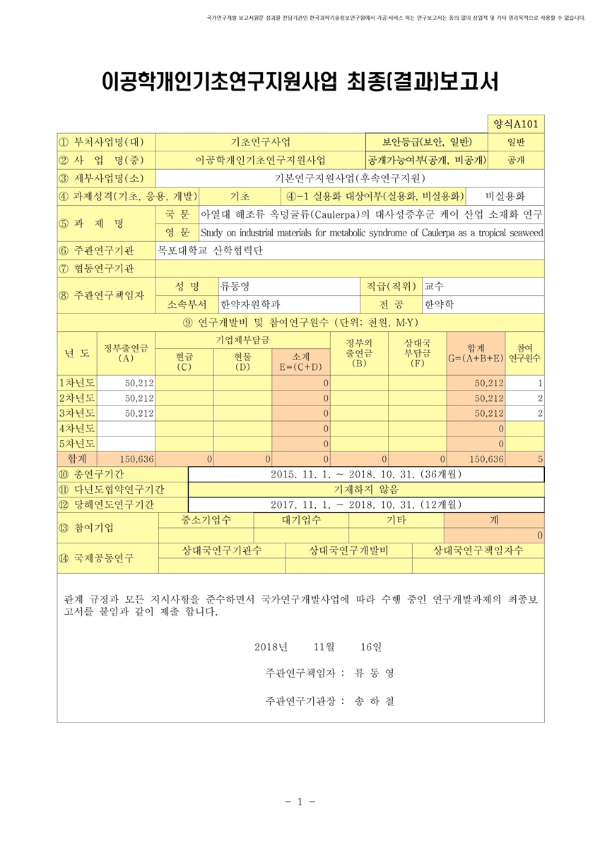 아열대 해조류 옥덩굴류(Caulerpa)의 대사성증후군 케어 산업 소재화 연구 [전자자료]