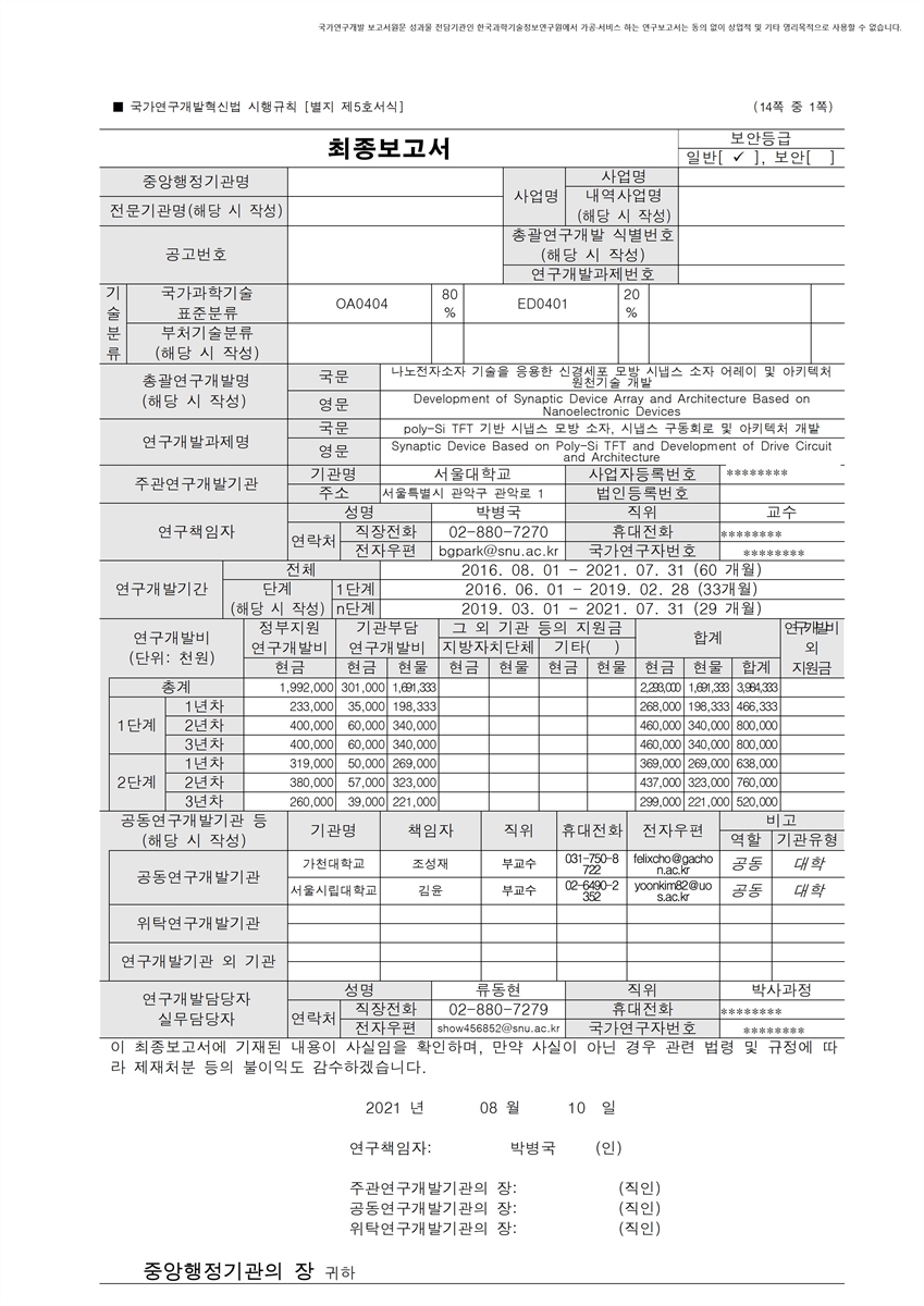 poly-Si TFT 기반 시냅스 모방 소자, 시냅스 구동회로 및 아키텍처 개발 [전자자료]