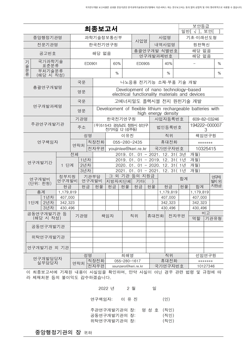 고에너지밀도 플렉시블 전지 원천기술 개발 [전자자료]