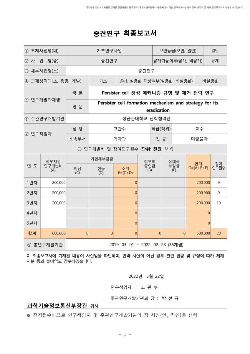 Persister cell 생성 메커니즘 규명 및 제거 전략 연구 [전자자료]