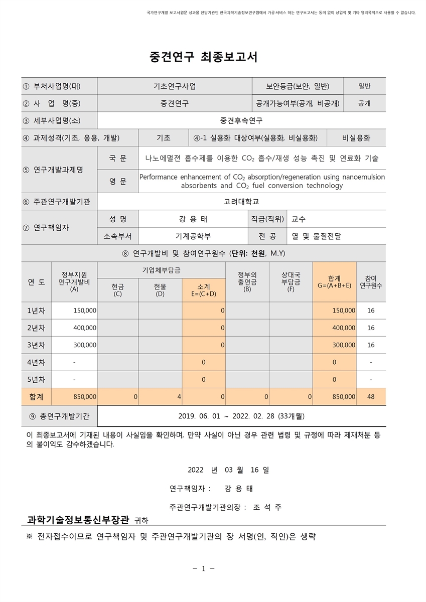 나노에멀젼 흡수제를 이용한 CO₂ 흡수/재생 성능 촉진 및 연료화 기술 [전자자료]