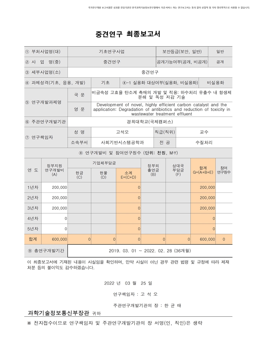 비금속성 고효율 탄소계 촉매의 개발 및 적용 [전자자료] : 하수처리 유출수 내 항생제 분해 및 독성 저감 기술