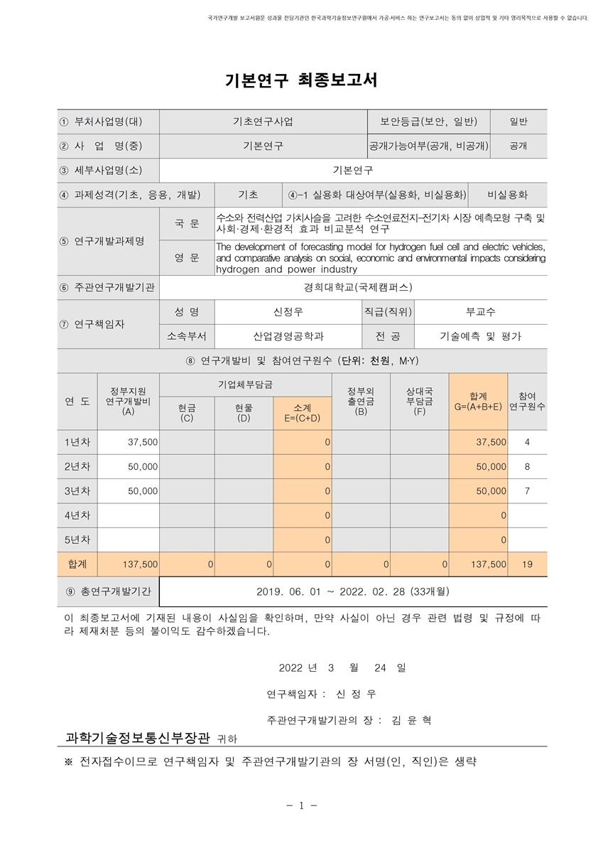 수소와 전력산업 가치사슬을 고려한 수소연료전지-전기차 시장 예측모형 구축 및 사회·경제·환경적 효과 비교분석 연구 [전자자료]