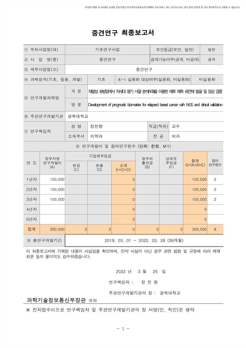 재발성 유방암에서 차세대 염기 서열 분석(NGS)을 이용한 예후 예측 유전체 발굴 및 임상 검증 [전자자료]