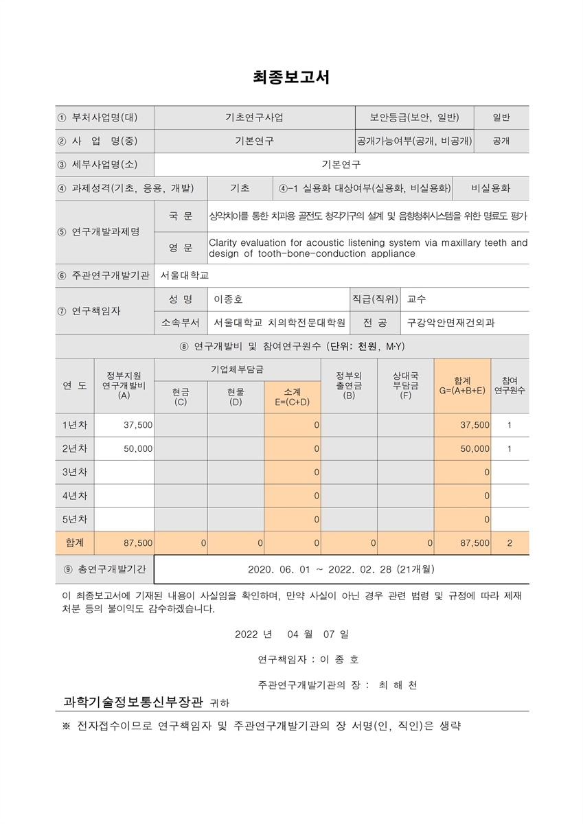 상악치아를 통한 치과용 골전도 청각기구의 설계 및 음향청취시스템을 위한 명료도 평가 [전자자료]