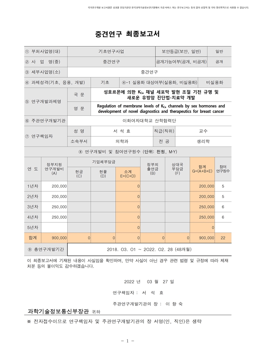 성호르몬에 의한 KCa 채널 세포막 발현 조절 기전 규명 및 새로운 유방암 진단법-치료약 개발 [전자자료]