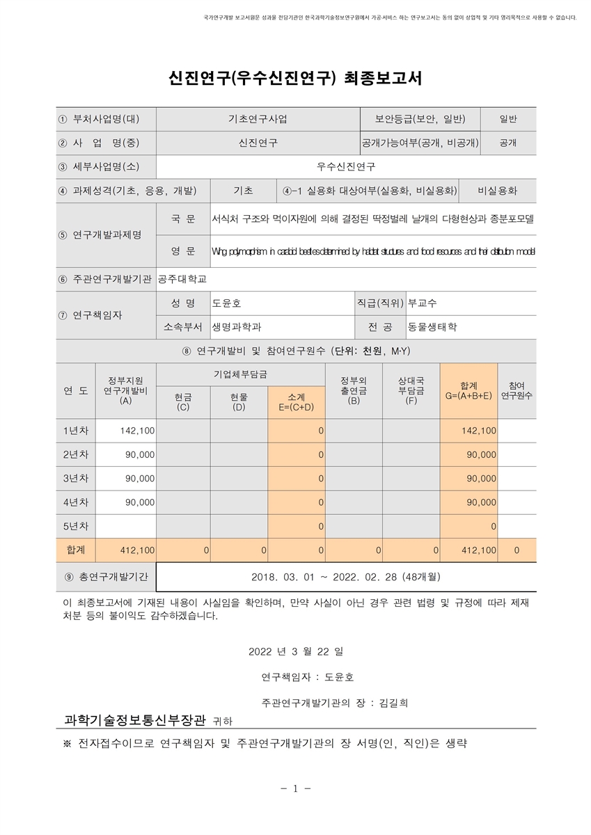 서식처 구조와 먹이자원에 의해 결정된 딱정벌레 날개의 다형현상과 종분포모델 [전자자료]