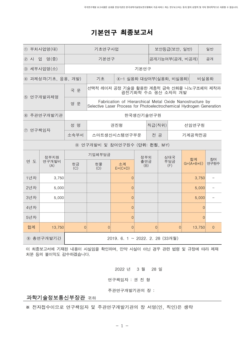 선택적 레이저 공정 기술을 활용한 계층적 금속 산화물 나노구조체의 제작과 광전기화학 수소 생산 소자의 개발 [전자자료]