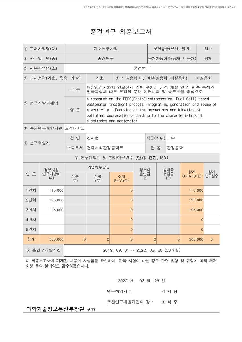 태양광전기화학 연료전지 기반 수처리 공정 개발 연구 [전자자료] : 폐수 특성과 전극특성에 따른 오염물 분해 메커니즘 및 속도론을 중심으로
