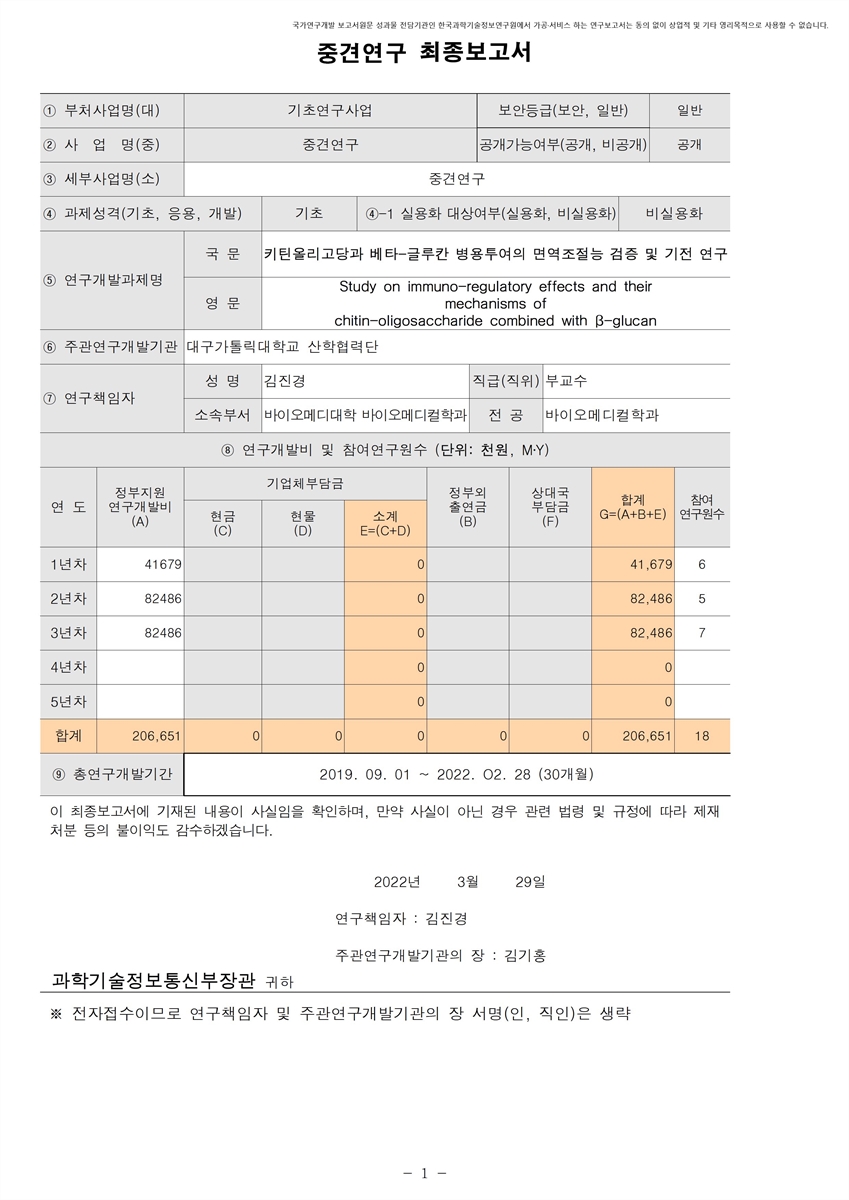키틴올리고당과 베타-글루칸 병용투여의 면역조절능 검증 및 기전 연구 [전자자료]