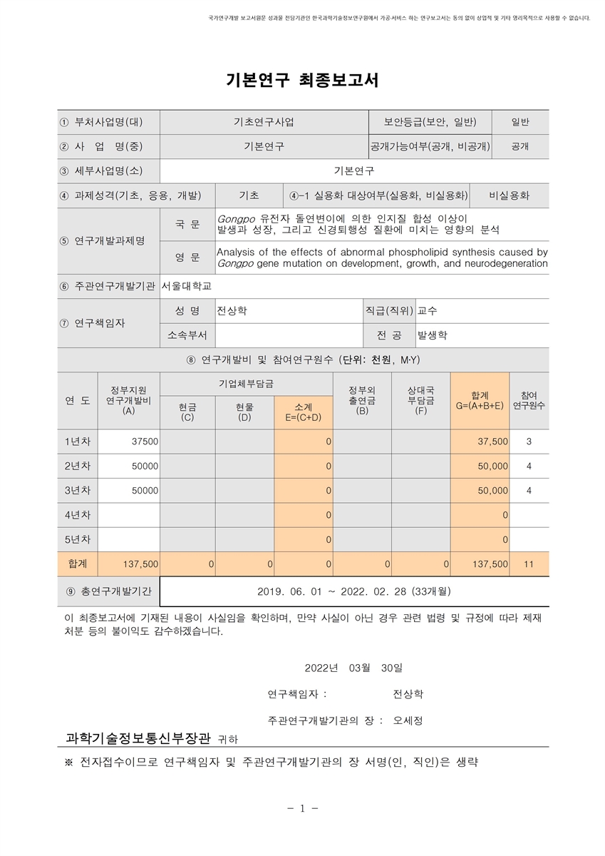 Gongpo 유전자 돌연변이에 의한 인지질 합성 이상이 발생과 성장, 그리고 신경퇴행성 질환에 미치는 영향의 분석 [전자자료]