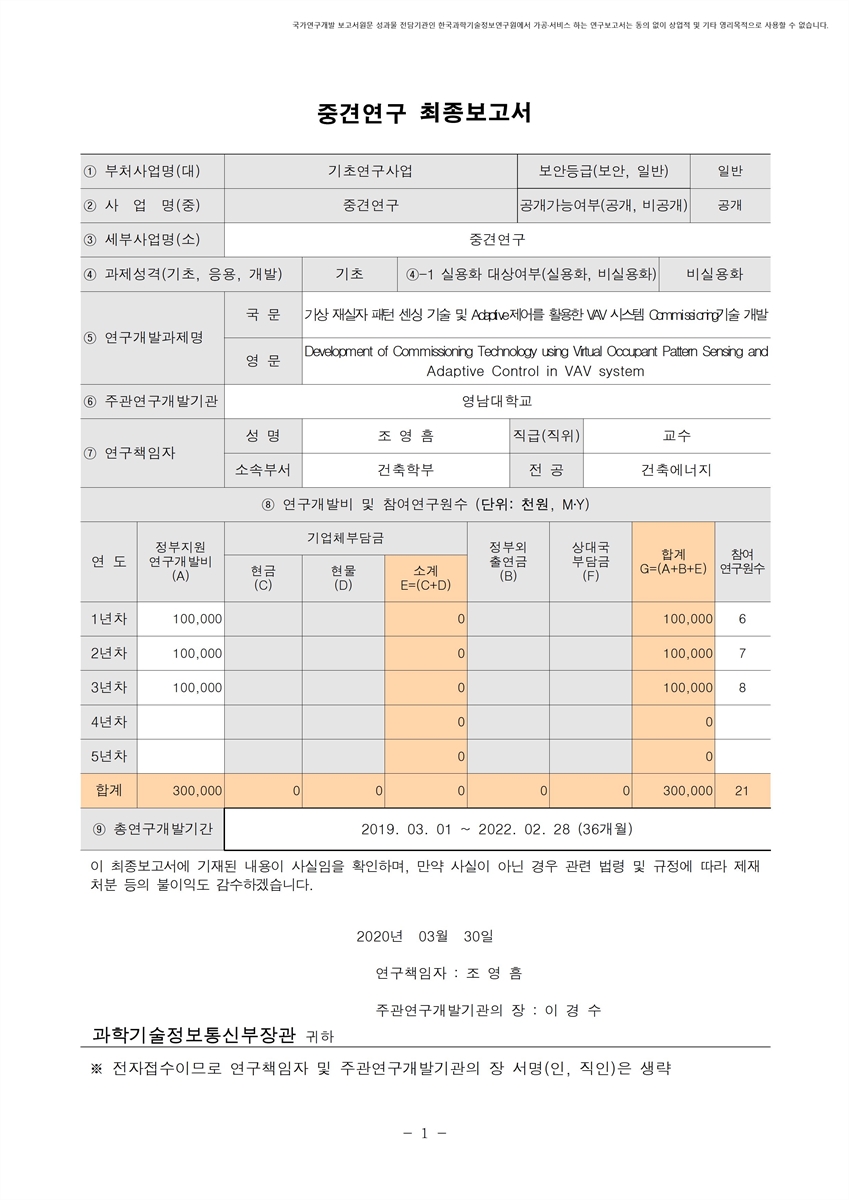 가상 재실자 패턴 센싱 기술 및 Adaptive 제어를 활용한 VAV 시스템 Commissioning 기술 개발 [전자자료]