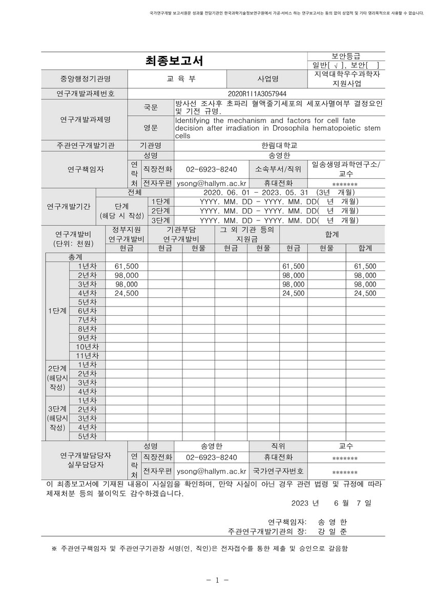 방사선 조사후 초파리 혈액줄기세포의 세포사멸여부 결정요인 및 기전 규명 [전자자료]