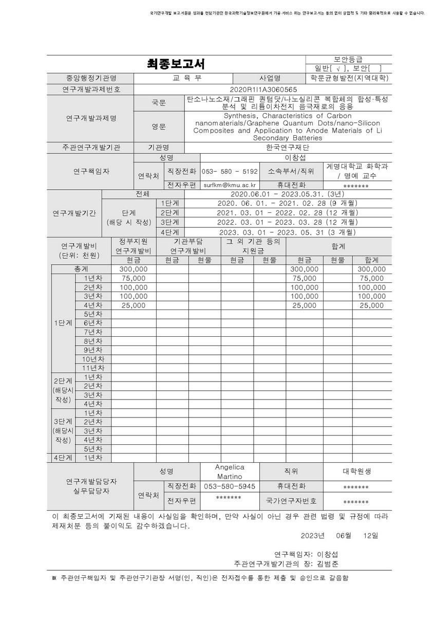 탄소나노소재/그래핀 퀀텀닷/나노실리콘 복합체의 합성·특성 분석 및 리튬이차전지 음극재로의 응용 [전자자료]