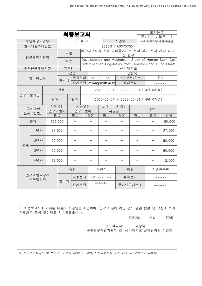 해안사구식물 유래 인체줄기세포 분화 제어 소재 개발 및 기전 연구 [전자자료]