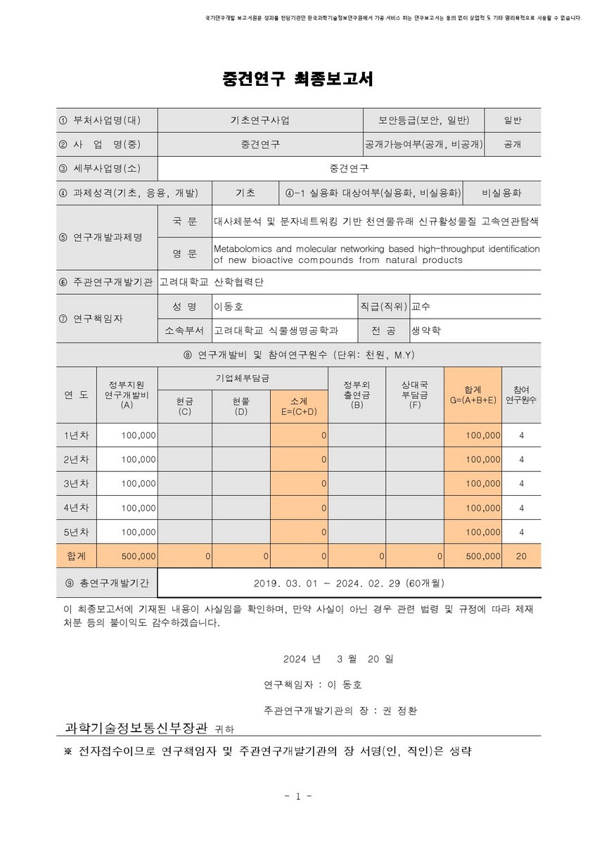 대사체분석 및 분자네트워킹 기반 천연물유래 신규활성물질 고속연관탐색 [전자자료]