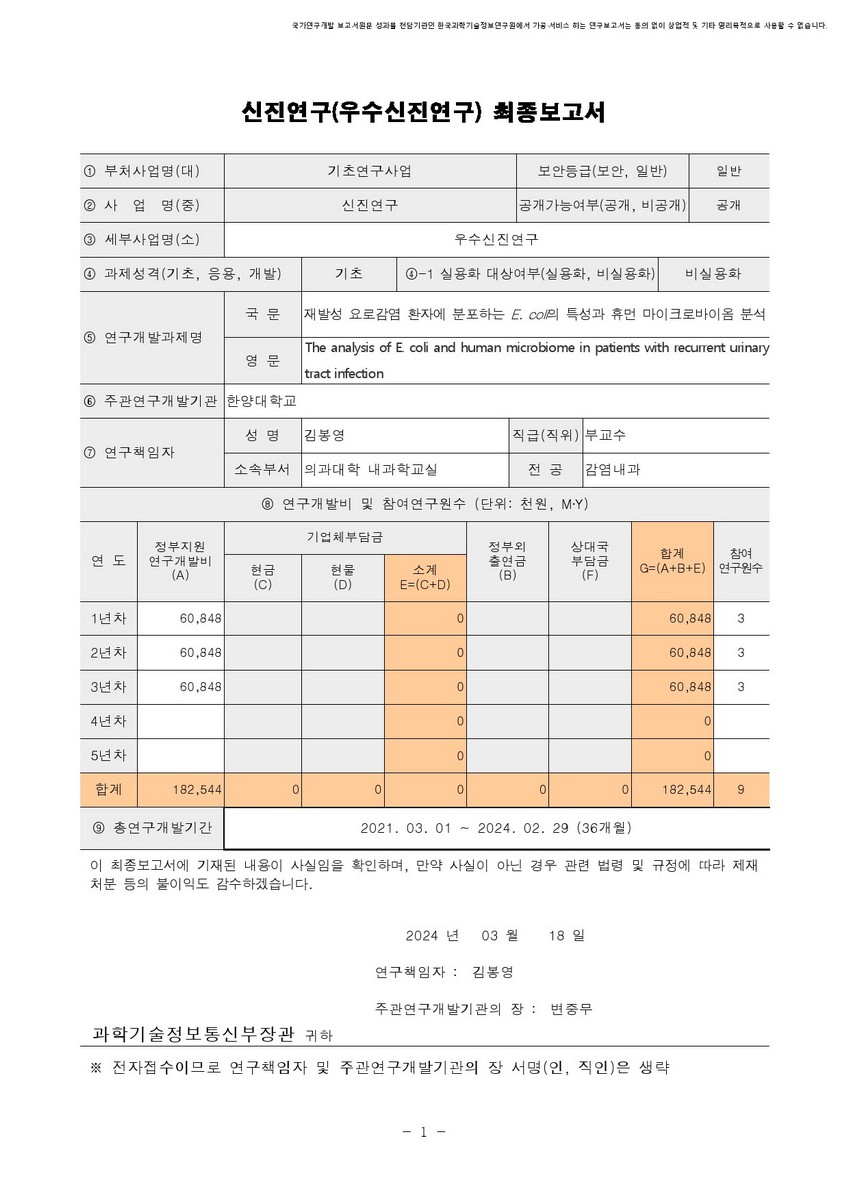 재발성 요로감염 환자에 분포하는 E. coli의 특성과 휴먼 마이크로바이옴 분석 [전자자료]
