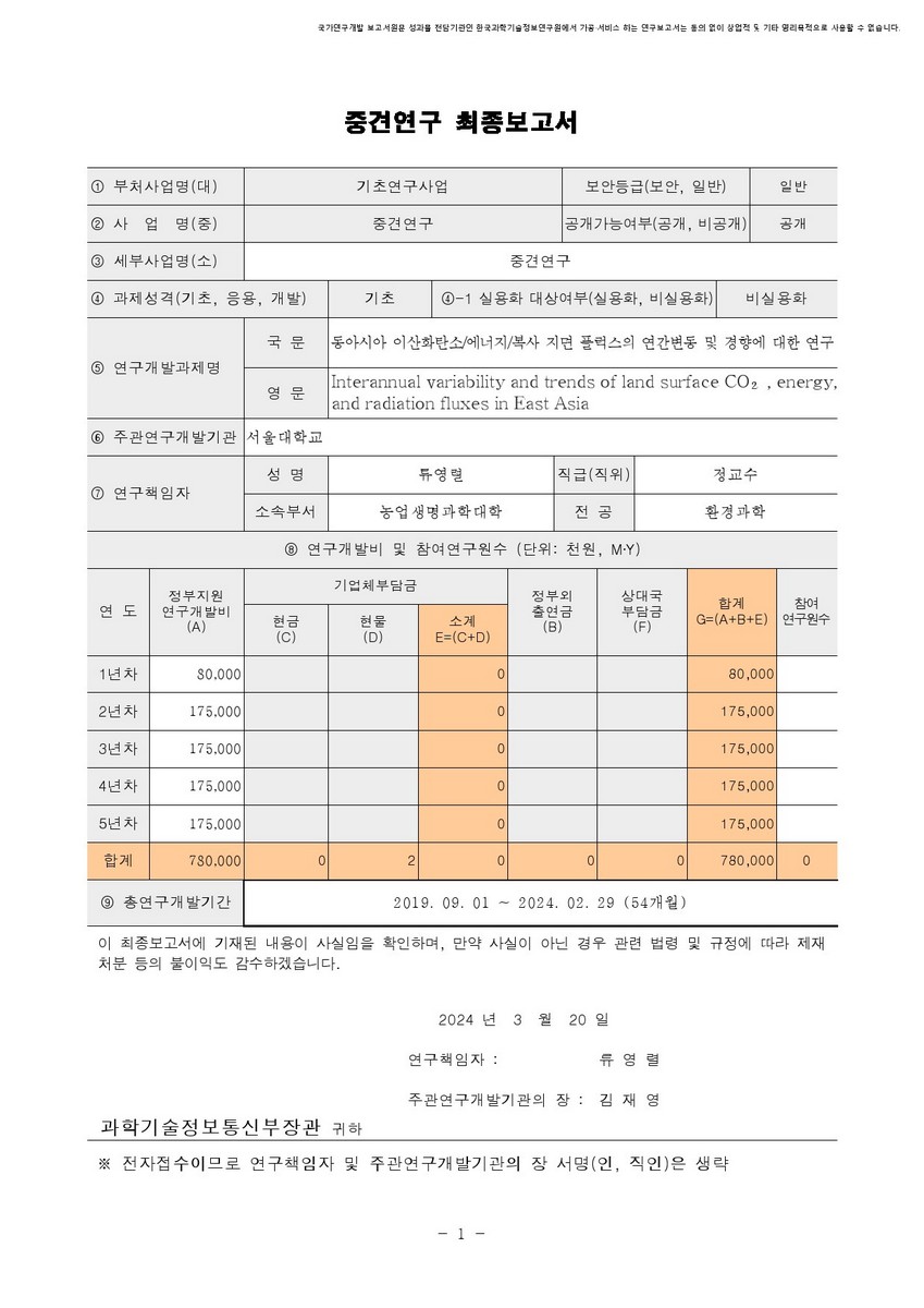 동아시아 이산화탄소/에너지/복사 지면 플럭스의 연간변동 및 경향에 대한 연구 [전자자료]