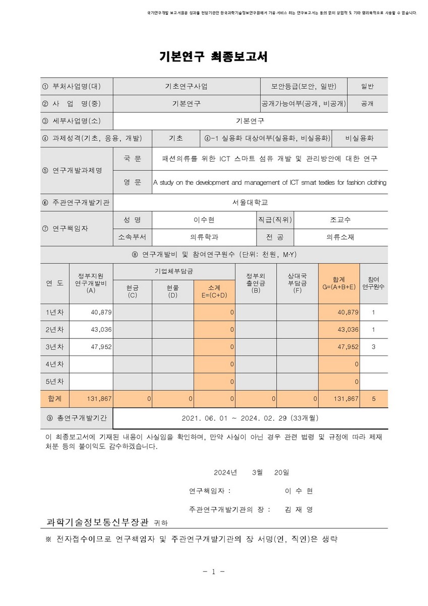 패션의류를 위한 ICT 스마트 섬유 개발 및 관리방안에 대한 연구 [전자자료]