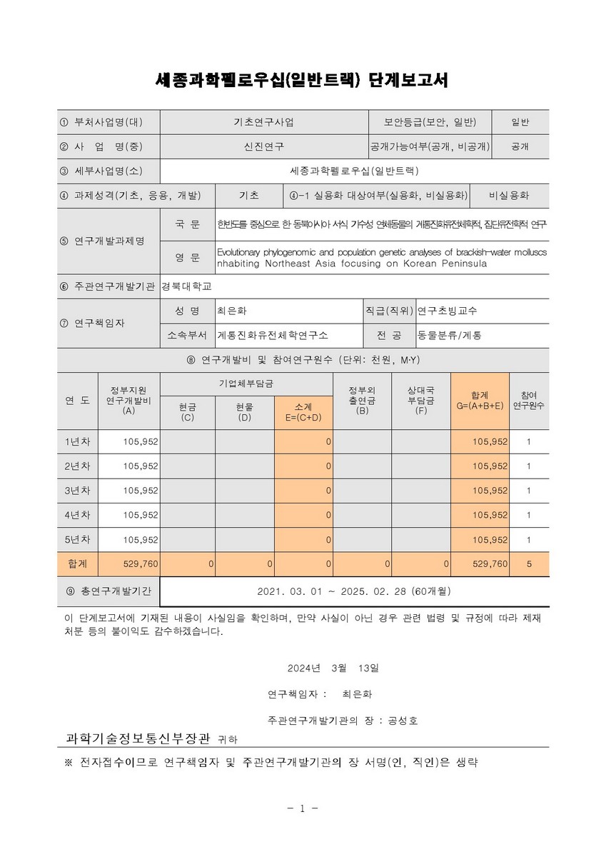 한반도를 중심으로 한 동북아시아 서식 기수성 연체동물의 계통진화유전체학적, 집단유전학적 연구 [전자자료]
