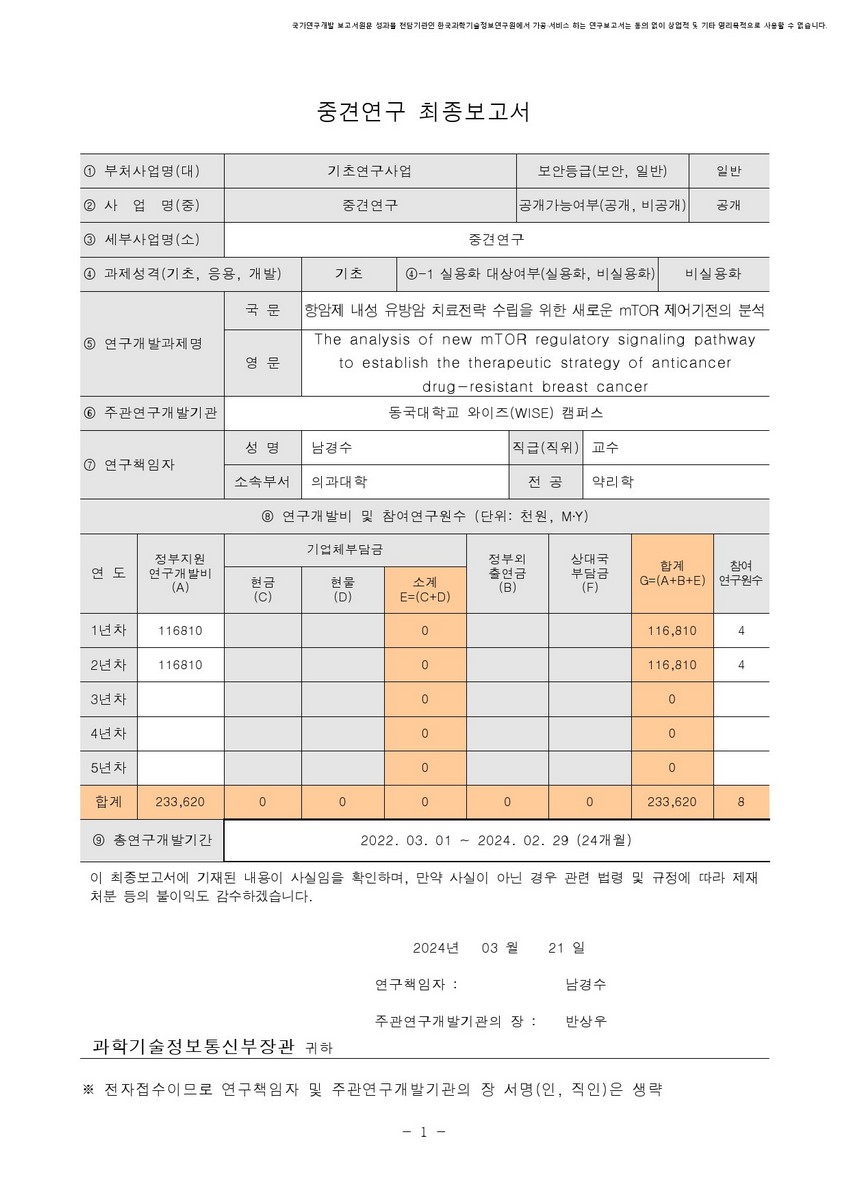 항암제 내성 유방암 치료전략 수립을 위한 새로운 mTOR 제어기전의 분석 [전자자료]