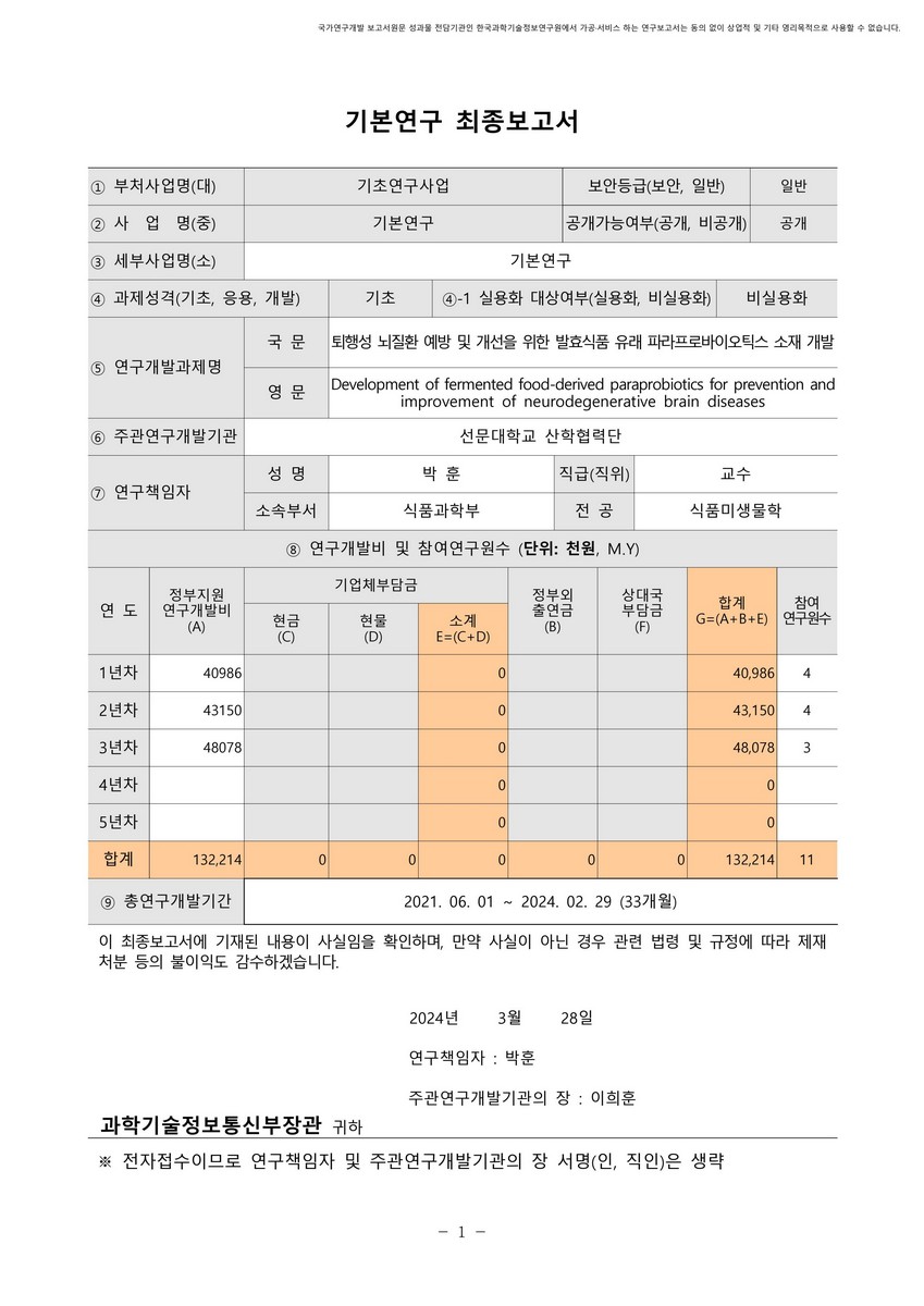 퇴행성 뇌질환 예방 및 개선을 위한 발효식품 유래 파라프로바이오틱스 소재 개발 [전자자료]