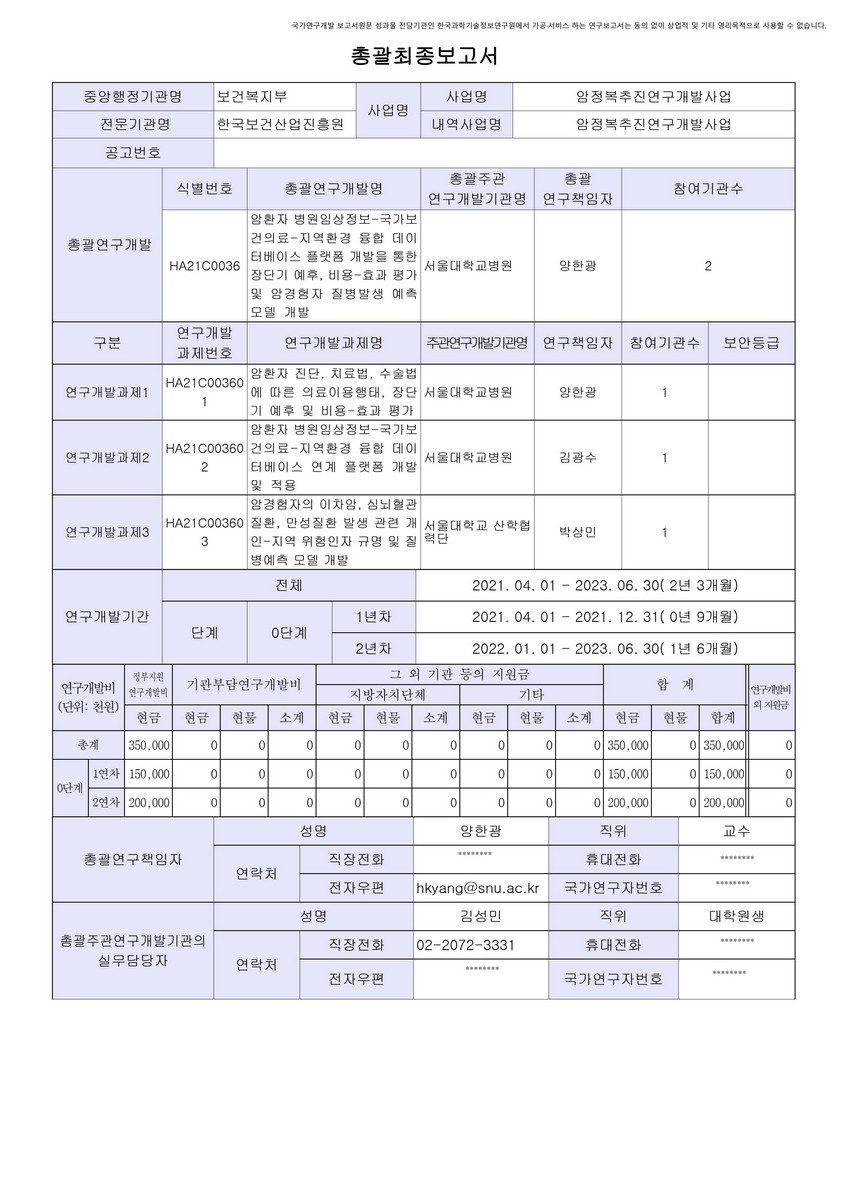 암환자 병원임상정보-국가보건의료-지역환경 융합 데이터베이스 플랫폼 개발을 통한 장단기 예후, 비용-효과 평가 및 암경험자 질병발생 예측 모델 개발 [전자자료]