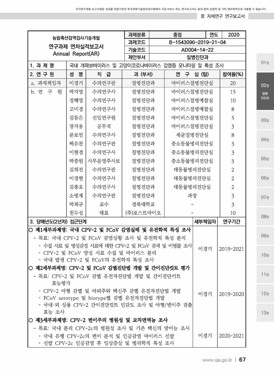 국내 개파보바이러스 및 고양이코로나바이러스 감염증 모니터링 및 특성 조사 [전자자료]