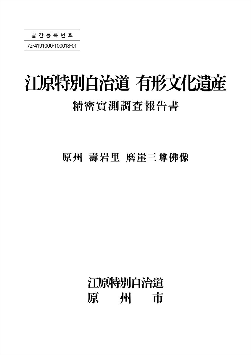 江原特別自治道 有形文化遺産 精密實測調査報告書 : 原州 壽岩里 磨崖三尊佛像