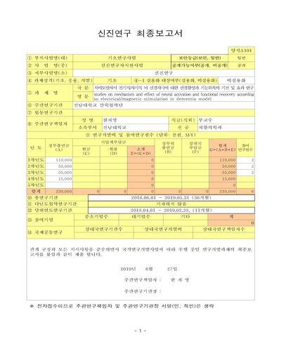 치매모델에서 전기적/자기적 뇌 신경자극에 대한 신경활성과 기능회복의 기전 및 효과 연구 [전자자료]