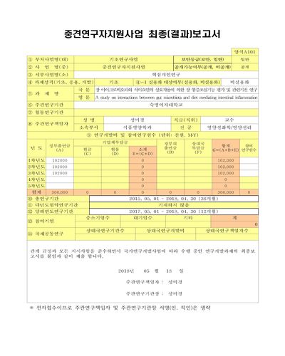 장 마이크로비오타와 식이요인의 상호작용에 의한 장 염증조절기능 평가 및 관련기전 연구 [전자자료]