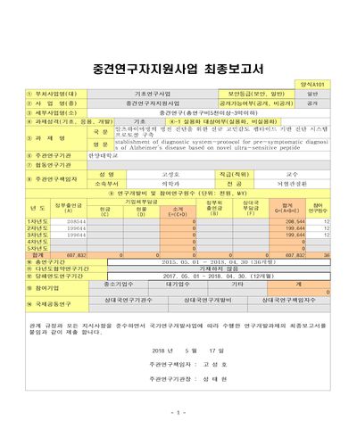 알츠하이머병의 병전 진단을 위한 신규 고민감도 펩타이드 기반 진단 시스템 프로토콜 구축 [전자자료]