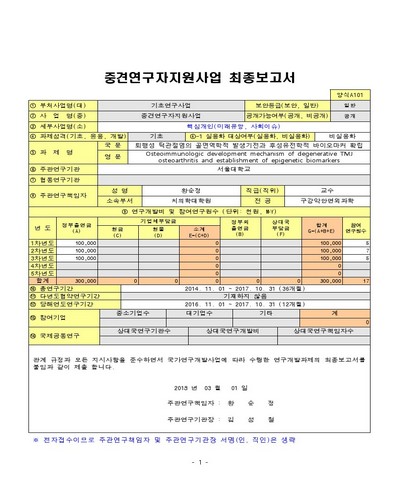 퇴행성 턱관절염의 골면역학적 발생기전과 후성유전학적 바이오마커 확립 [전자자료]