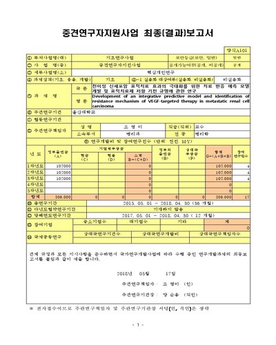 전이성 신세포암 표적치료 효과의 극대화를 위한 치료 반응 예측 모델 개발 및 표적치료제 저항 기전 규명에 관한 연구 [전자자료]