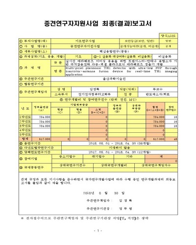 실시간 테라헤르츠 이미징 응용을 위한 트랜지스터-안테나 융합소자 기반 극저잡음전력 다중-픽셀 플라즈모닉 테라헤르츠 검출기 개발 [전자자료]
