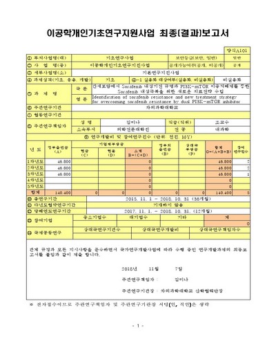 간세포암에서 sorafenib 내성기전 규명과 PI3K-mTOR 이중저해제를 통한 sorafenib 내성극복을 위한 새로운 치료전략 수립 [전자자료]