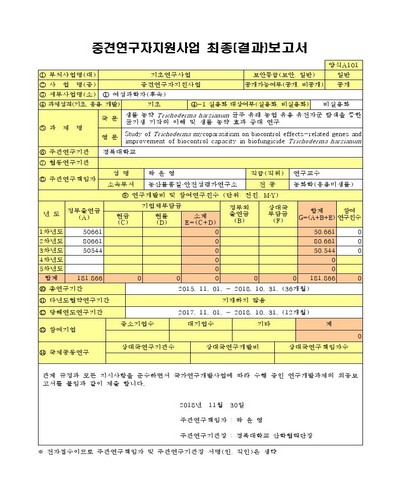 생물 농약 Trichoderma harzianum 균주 유래 농업 유용 유전자군 탐색을 통한 균기생 기작의 이해 및 생물 농약 효과 증대 연구 [전자자료]
