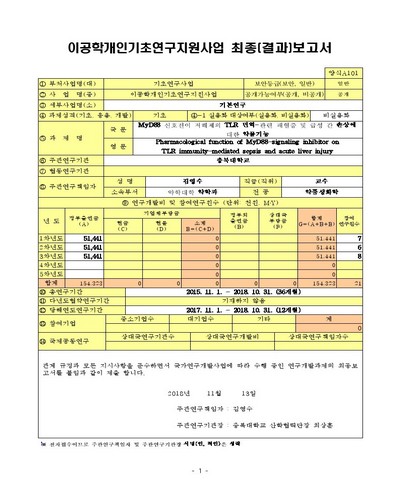 MyD88 신호전이 저해제의 TLR 면역-관련 패혈증 및 급성 간 손상에 대한 약물기능 [전자자료]
