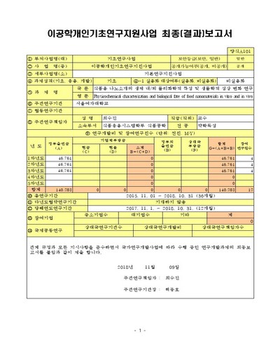 식품용 나노소재의 생체 내/외 물리화학적 특성 및 생물학적 성상 변화 연구 [전자자료]