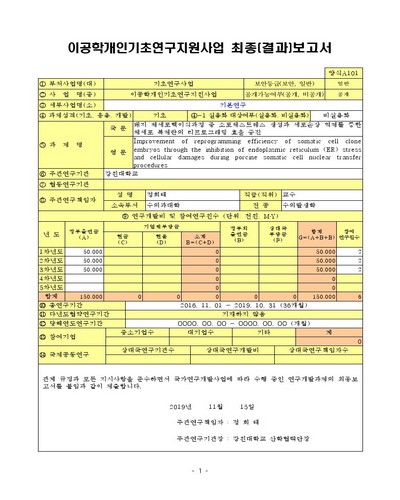 돼지 체세포핵이식과정 중 소포체스트레스 생성과 세포손상 억제를 통한 체세포 복제란의 리프로그래밍 효율 증진 [전자자료]