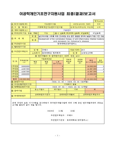 알츠하이머병 치료를 위한 도네페질 효능 증진 항염증 한약재 발굴과 작용 기전 규명 [전자자료]
