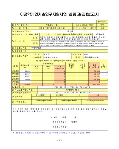 소규모 고철질 관입암체들의 방사기원 동위원소 조성을 활용한 한반도 맨틀 조성과 진화의 특성 규명 및 암권 디라미네이션의 영향 평가 [전자자료]