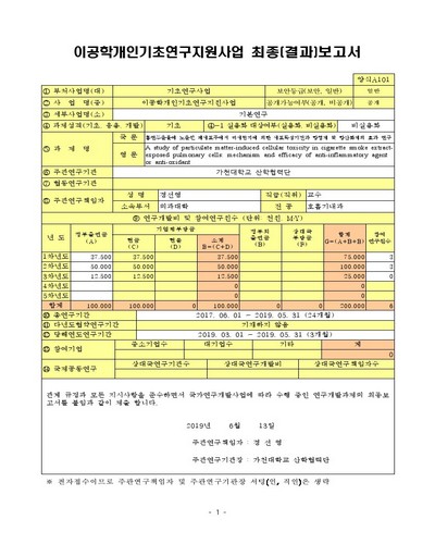 흡연추출물에 노출된 폐 세포주에서 미세먼지에 의한 세포독성 기전과 항염제 및 항산화제의 효과 연구 [전자자료]