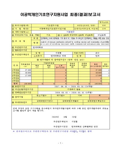 안약형백신 유래 면역반응 기작 분석 및 시판용 주사백신의 안약형백신 개발을 위한 효능 검증 [전자자료]